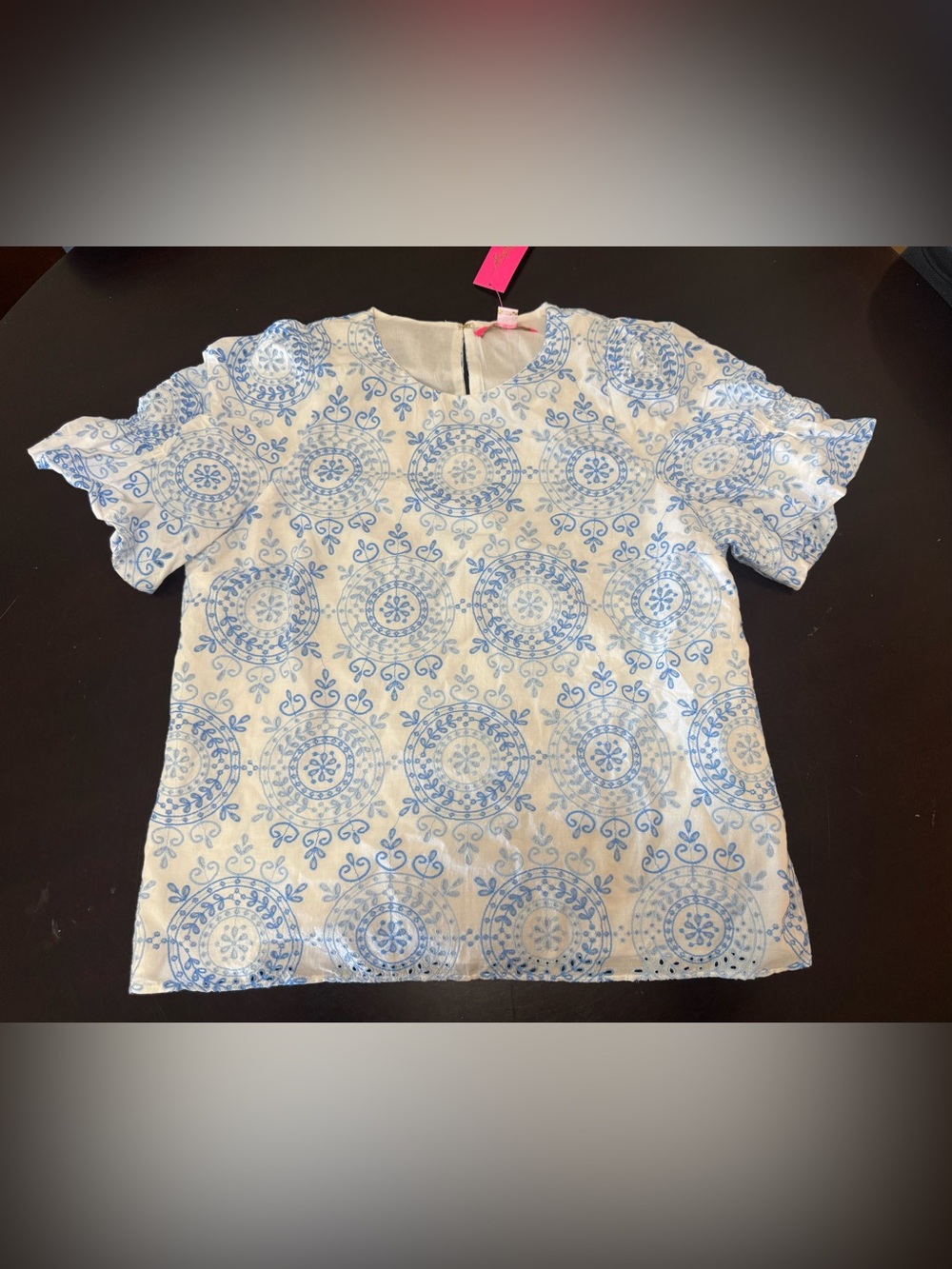 Lilly Pulitzer Lailah Short Sleeve White Top with Blue Eyelet Embroidery